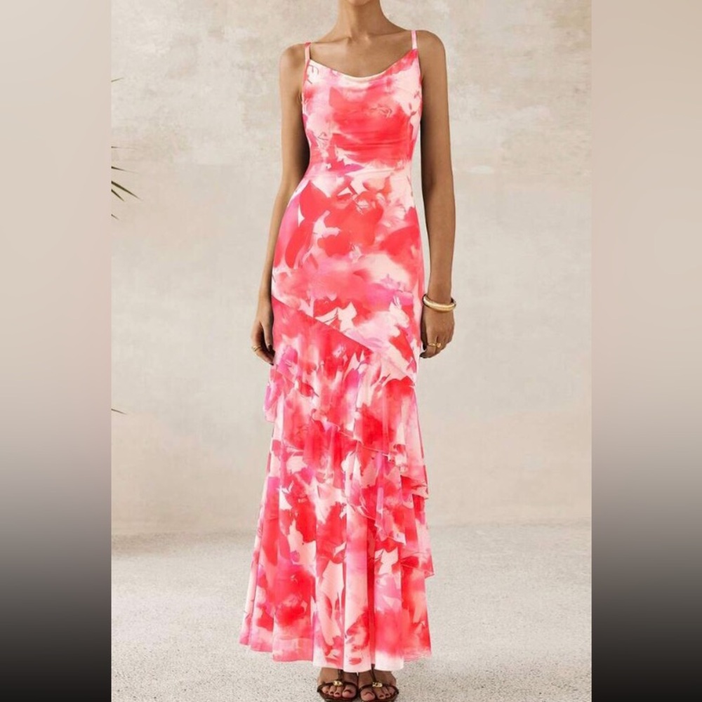 Sleeveless Red Floral Ruffled Maxi Dress